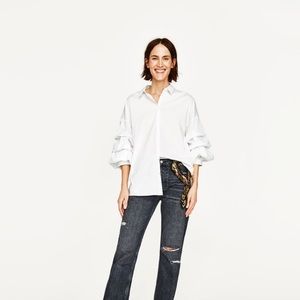 Zara Poplin Shirt with Pleated Sleeves Size Small